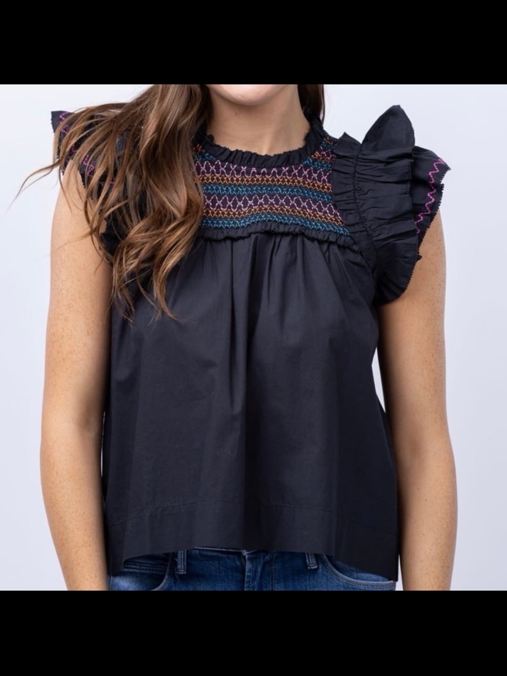 Love The Label Anthropologie Poppy ruffle top black multi size XS tassel